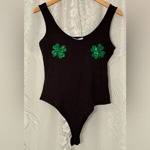NWT Green Sequin Festival Rave Bodysuit Sparkly Shamrock Tank Snap Closure Large